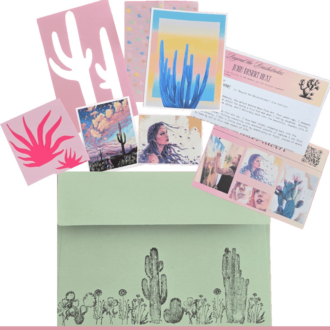 The monthly envelope opened — stencils, art prints, a studio note and stickers fanned out across the desk