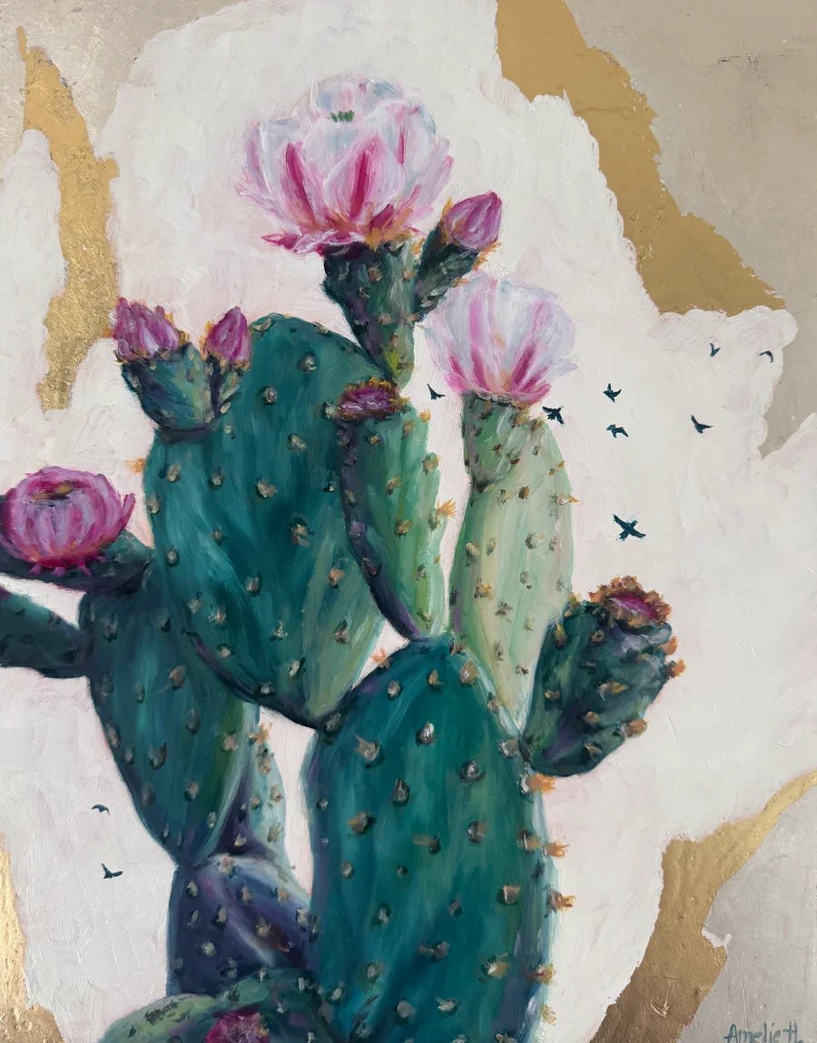 An oil and gold-leaf painting of a blooming prickly pear cactus by featured artist Amelie Hubert